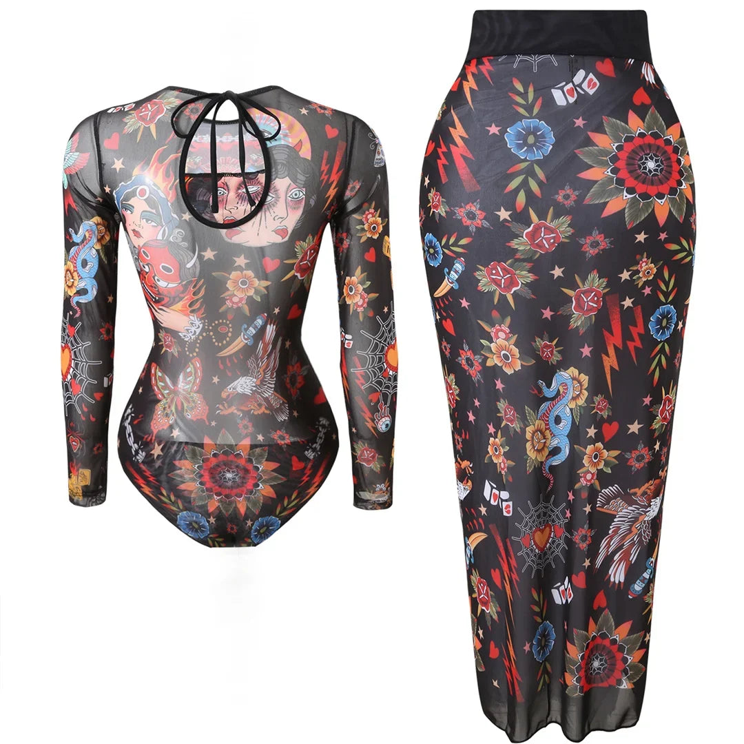 S - XXL Printed Long Sleeve With Sarong One Piece Swimsuit Women Swimwear Female Flowers Padded Bather Bathing Suit Swim K7181