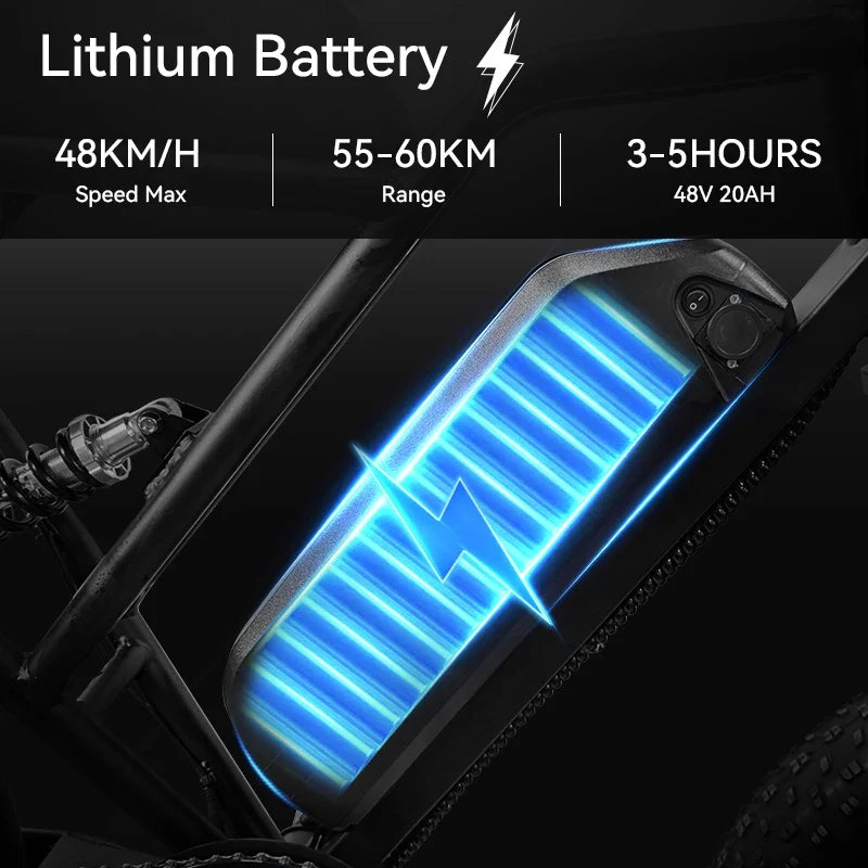 G60 E-Bike 1000W Adult Electric Bicycle 20” Fat Tire E-Bike 48V 15Ah Battery 45-55KM Range Dual Suspension 31MPH