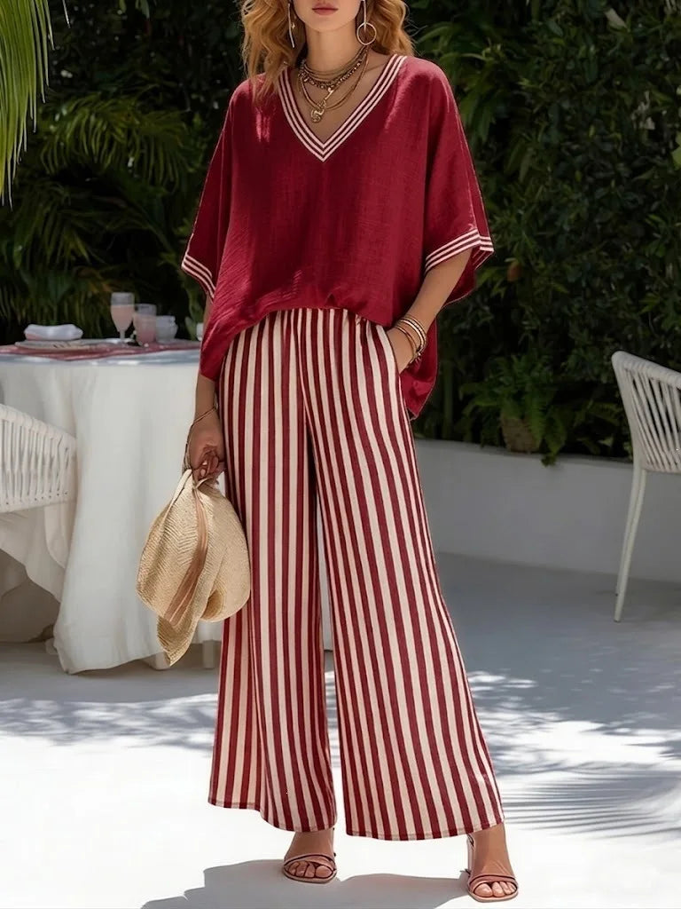2026 Fashion Women's Casual Striped Comfortable Loose V-Neck Cotton Hemp Two-Piece Set