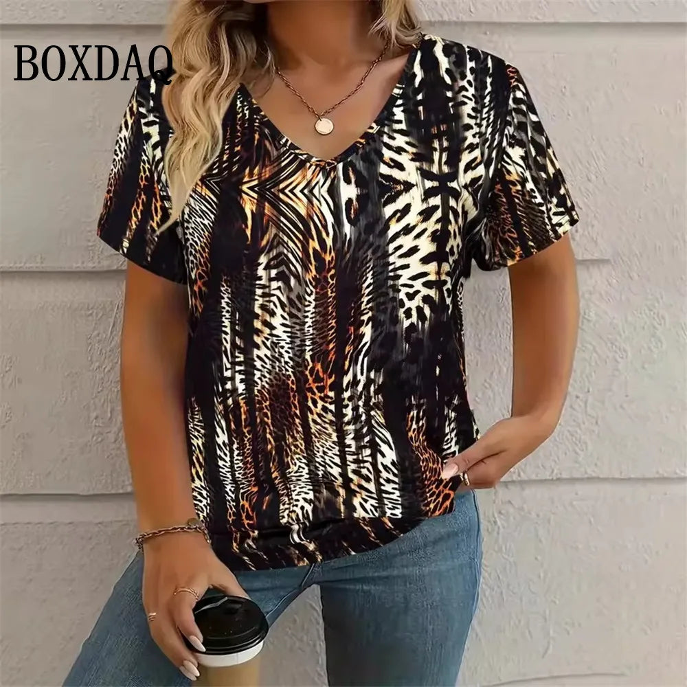 Summer Vintage Leopard 3D Print T-Shirt Women Streetwear Casual T Shirts Plus Size Tops Woman Loose V-Neck Tee Oversized Clothes