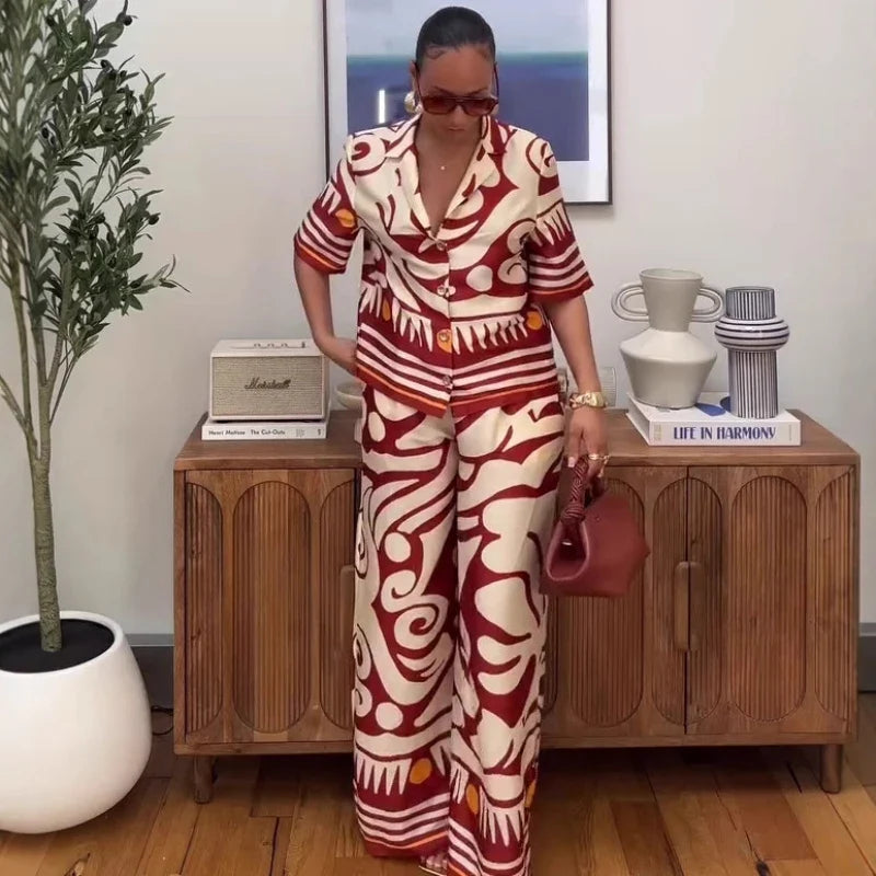 New Fashion Printed Women Two Piece Set Outfits Short Sleeve Turn Down Collar Shirt And Wide Leg Pants Set