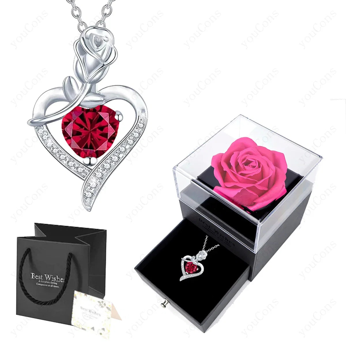 Luxury Red Zircon Heart Necklace With Rose Flower Gift Box For Girlfriend Birthday Valentine Gift  Romantic Accessories