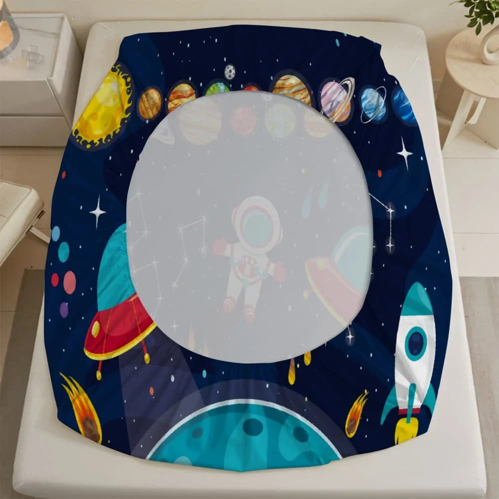 1pc Cartoon Space Astronaut Print Fitted Sheet Deep Pocket Elastic
