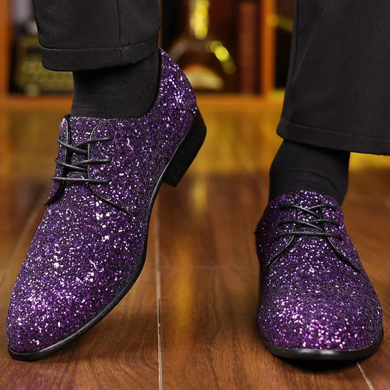 Luxury Men Dress Shoes Gold Silver Sequin Wedding Shoes High Quality Lace-Up  Oxford Shoes Fashion Designer Men Flats Large Size