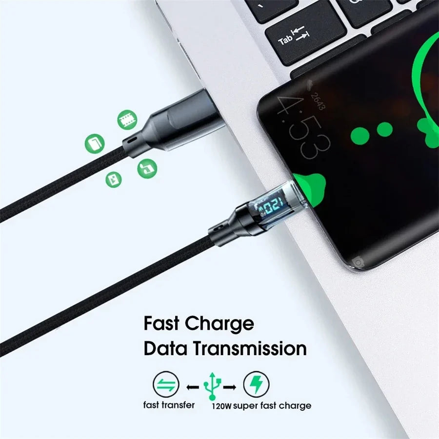 120W Super Fast Charging Cable Real-time Digital Display USB A to Type C Data Cable For iPhone Android Phones Universal