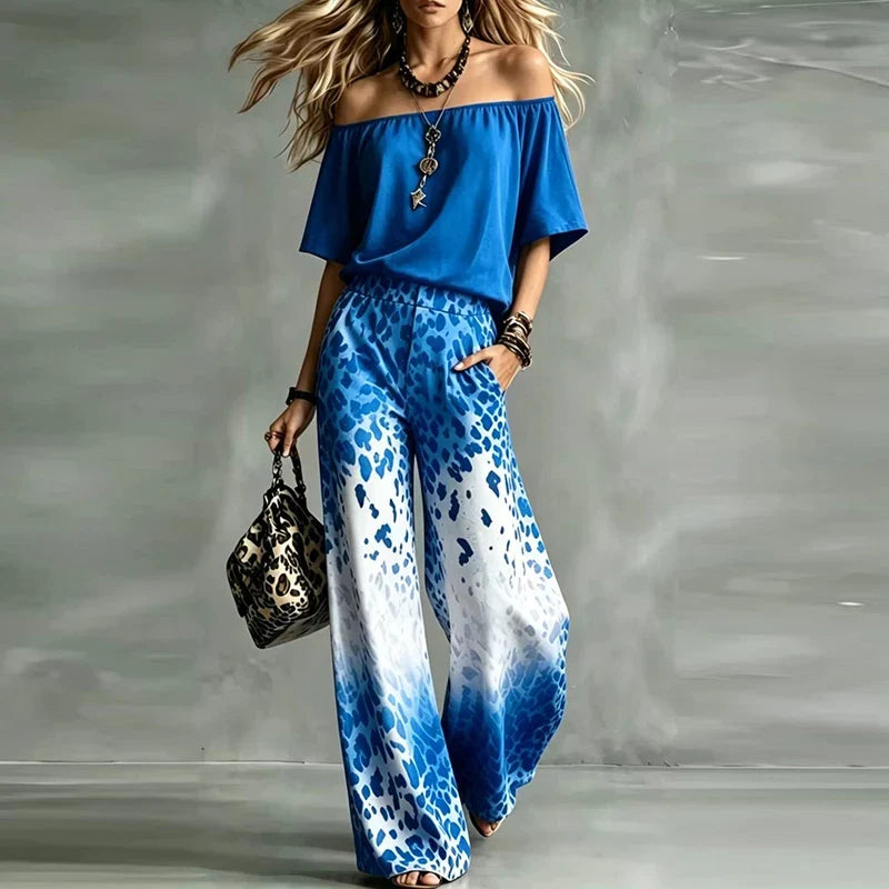 Vintage Printed One Shoulder Short Sleeve Women T-Shirts Pocket High Waist Wide Leg Pants Suit Women Casual Two Piece Set