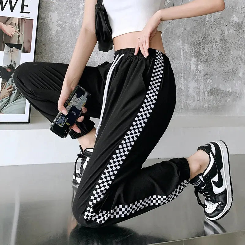 Women's Elastic High Waist Checkered Pants