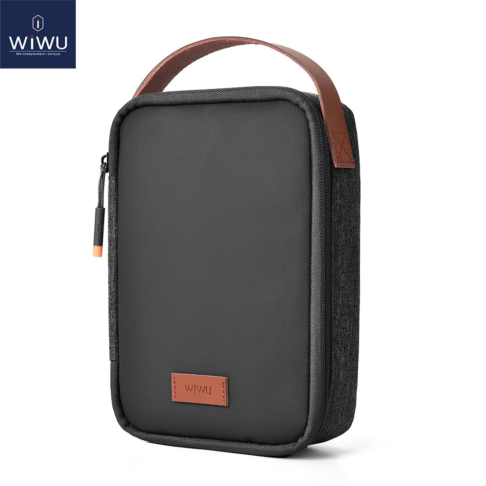 WiWU Travel Electronic Organizer Case for MacBook Power Adapter Charger Cables Power Bank Tech Pouch Leather Handle Portable Bag