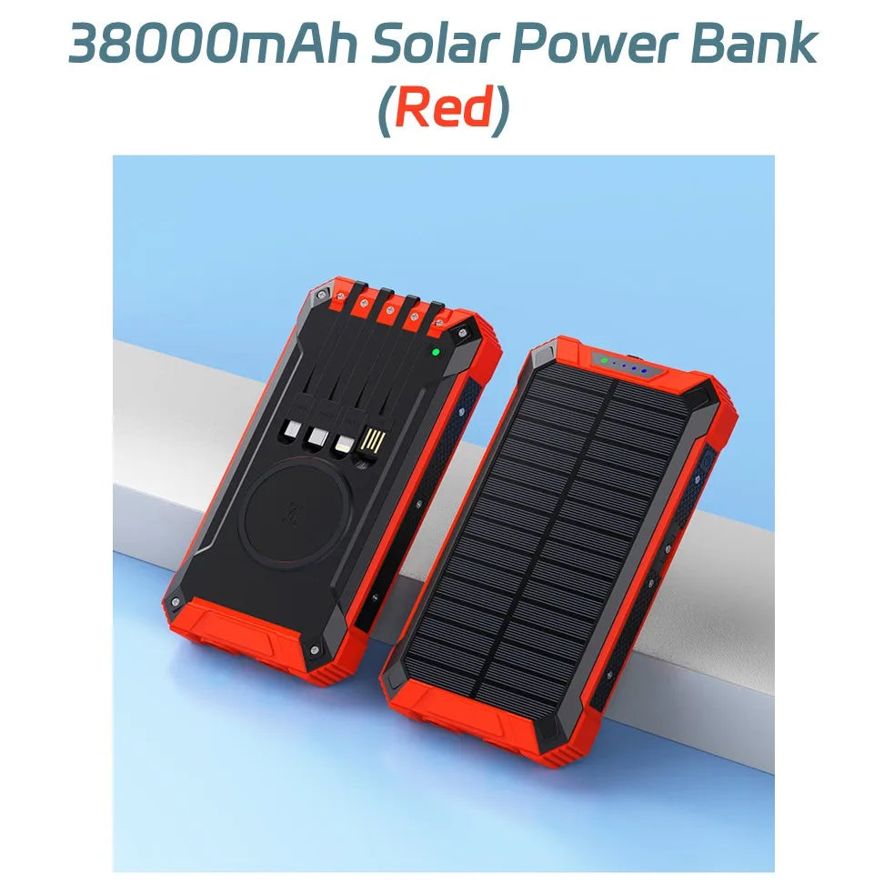 Solar Power Bank 38000mAh, Portable Solar External Battery Pack Built-in 4 Cable, 22.5W Portable Charger for Camping and Outdoor
