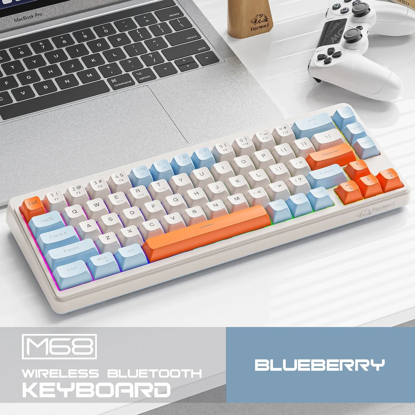 FREEWOLF M68 Wireless Keyboard and Mouse Set Multidevice Connection 68 Keys Mini Keyboard and A3 Mouse Kit PBT keycaps Backlight
