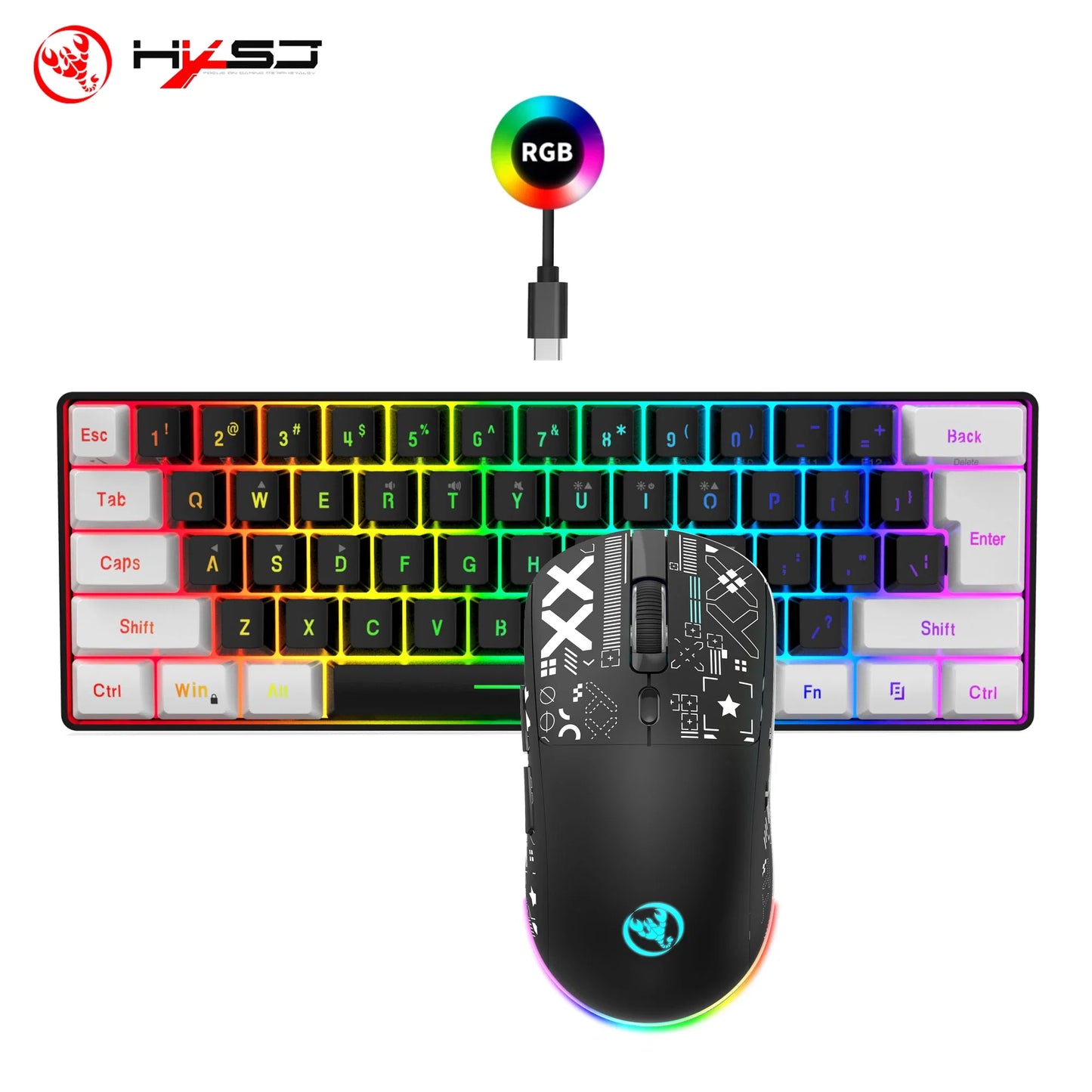 HXSJ-60% RGB Backlit Gaming Keyboard and Mouse Set 61-Key Wired Keyboard 3-Mode Optical Gaming Wireless Mouse for Laptop PC