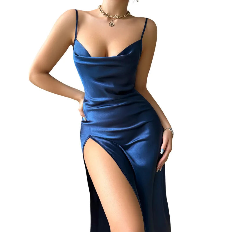Sexy Solid Silk Satin Slip Nightdress Women's Sleepwear Draped Collar Split Backless Sleep Dress Nightgown Dresses