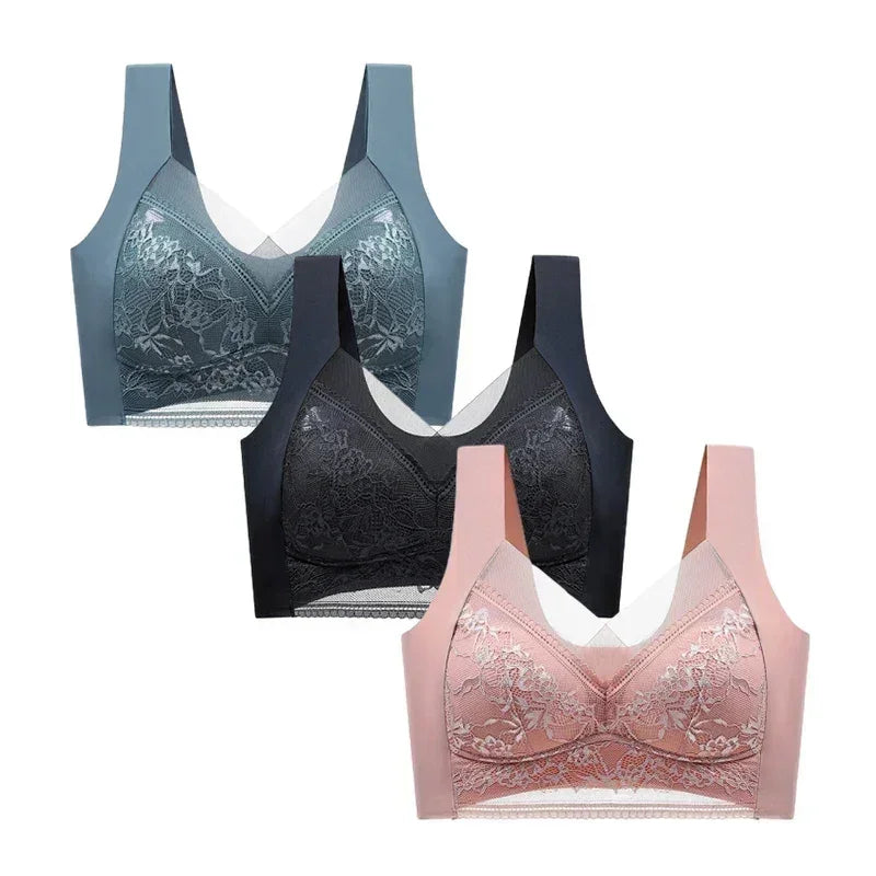 FallSweet Sujetadores Push Up de Encaje para Mujer, 3 Piezas, Sujetador Inalámbrico Sexy de Seda de Hielo, Bralette de Copa Profunda, Lencería Femenina, Ropa Interior para Mamá L-5XL