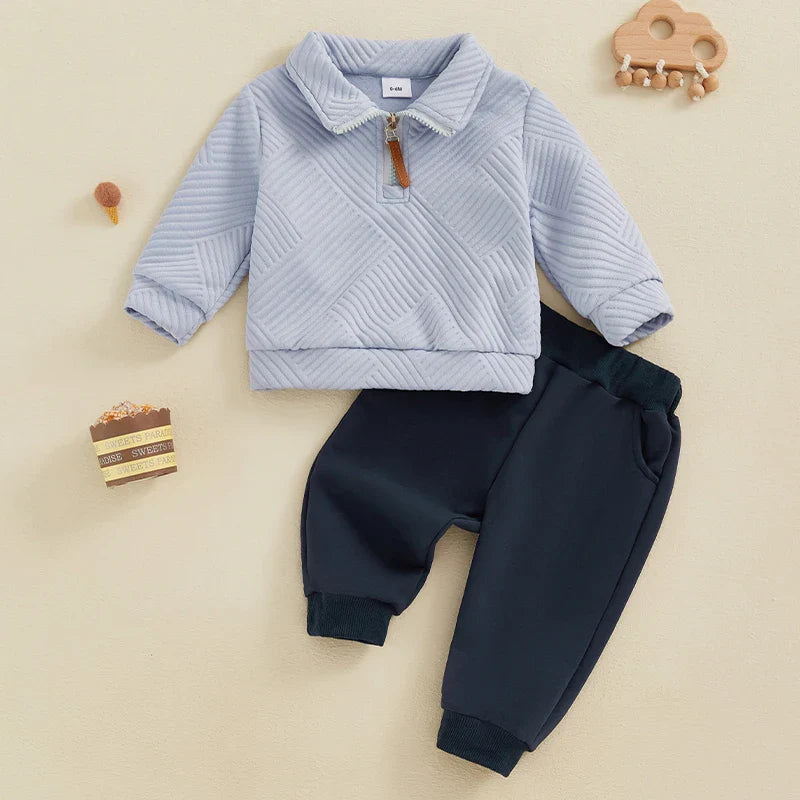 Baby Toddler Boys 2Pcs Autumn Outfit Set Long Sleeve Lapel Half Zip Up Pullover Solid Color Pants Set