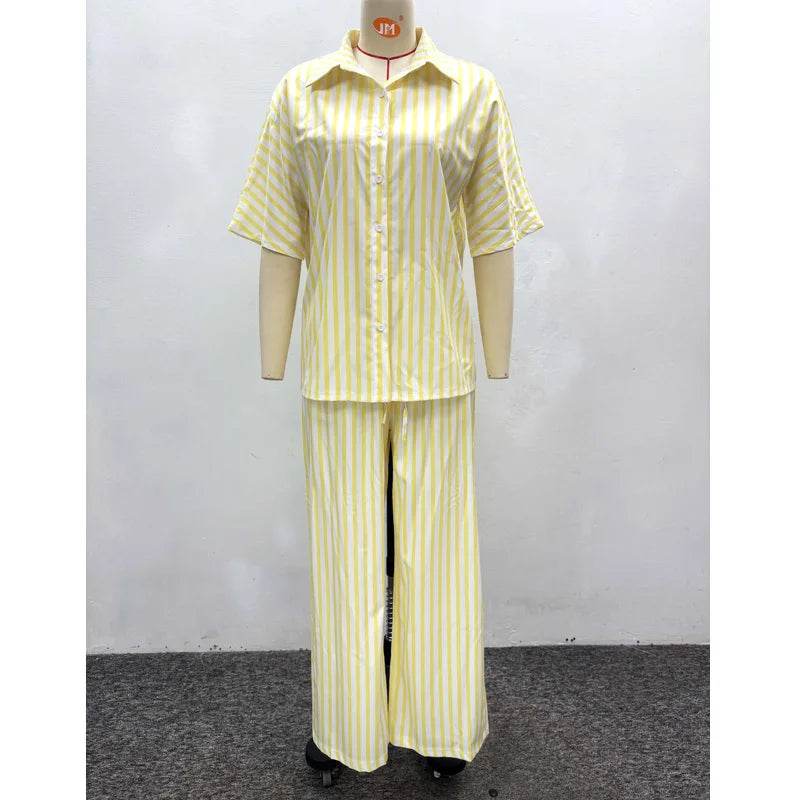 New African Fashion Women Two Piece Set Yellow Striped Printed Loose Shirt Top and Wide Leg Pants Set Outfits