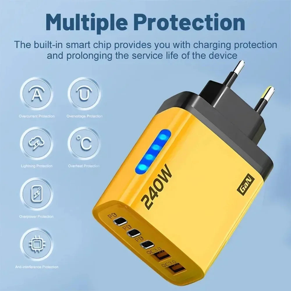 Type C USB 240W Fast Charging Charger GaN USB C Phone Charger Wall Adapter Quick Charge 3.0 With PD Cable For iPhone 17 Samsung