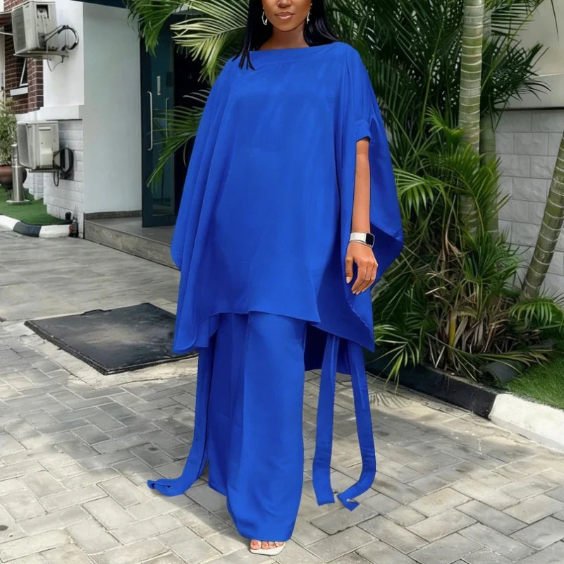 Two Piece Set Women O Neck Short Sleeve Loose Maxi Tops Wide Leg Pants Suit Fashion Elegant Simple Casual Africa Church Outfits
