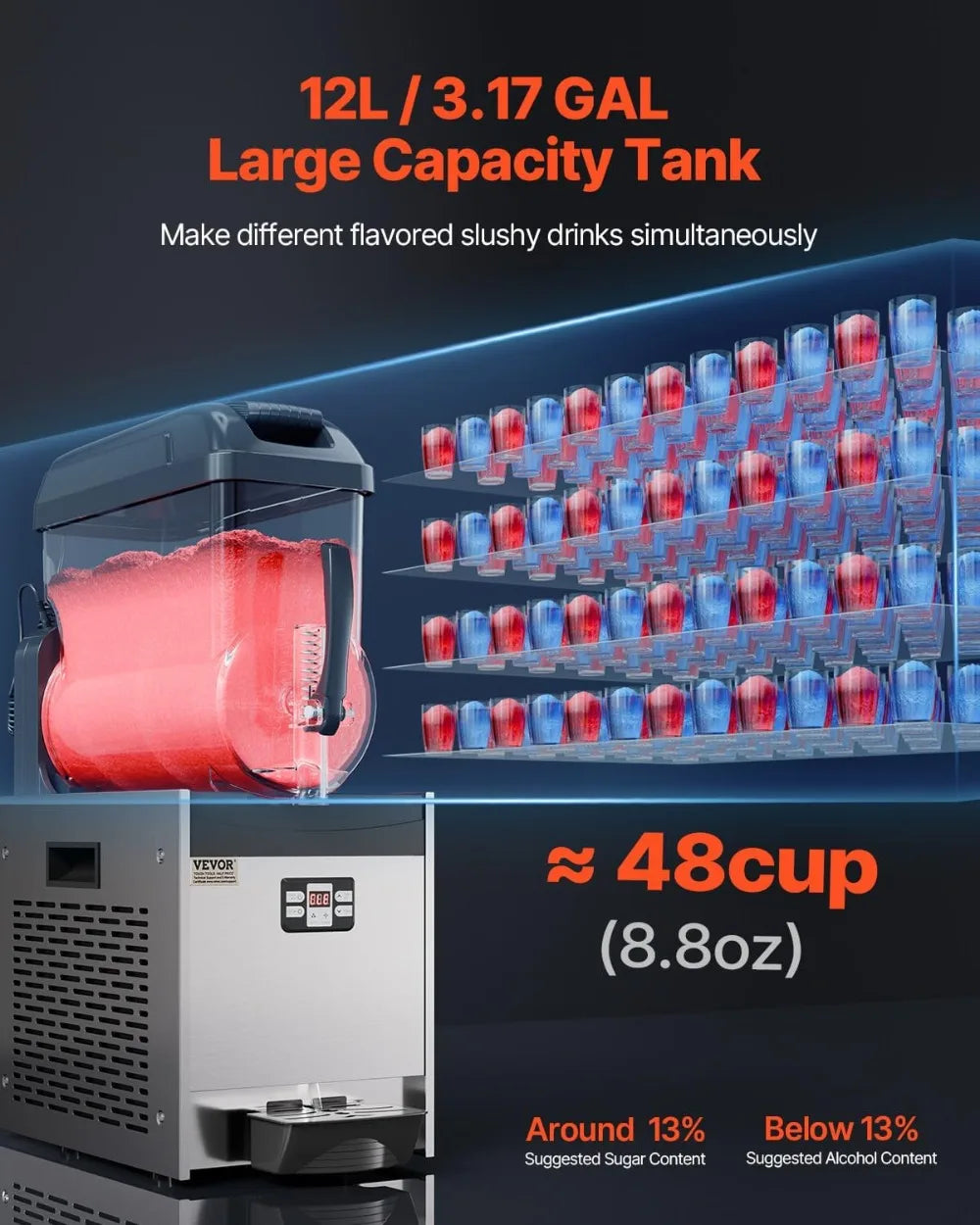 Commercial Slushy Machine 12L 48 Cups Frozen Drink Maker Stainless Steel Slushie Machine for Home Party