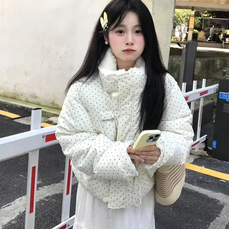 Women's Kawaii Polka Dot Down Cotton Jacket Korean Button Patchwork Corduroy Short Parkas Y2K Stand Collar Puffer Warm Jacket