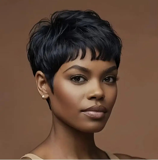 Peluca sintética corta de cabello negro, peluca de corte Pixie con flequillo, peluca corta sintética para mujer, peluca de fiesta de pelo corto.