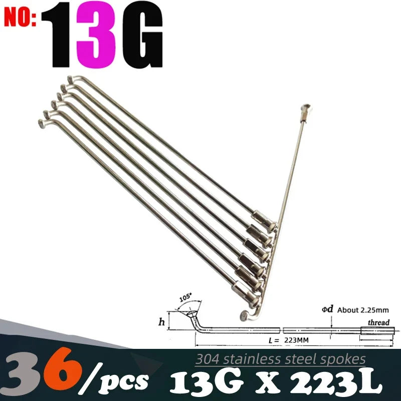 36Pcs 13G(2.25mm)122-240MM 304 Stainless Steel Bicycle Spokes & Nut Electric E-Bike Cycle