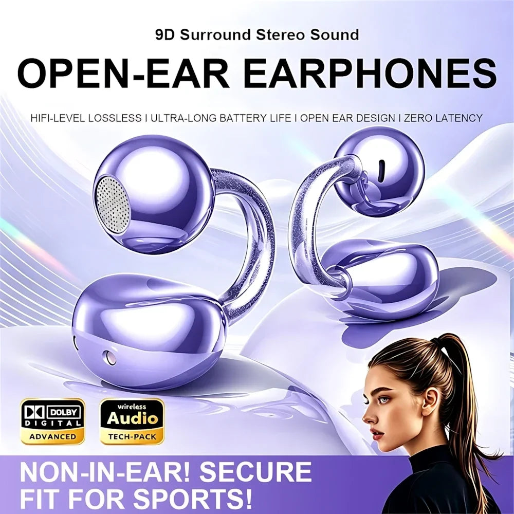 Open Wireless Earphone Fashion Plated Ear Clip Bluetooth Headset 9D Surround Stereo 0 Delay Long Battery Life Game Condenser Mic