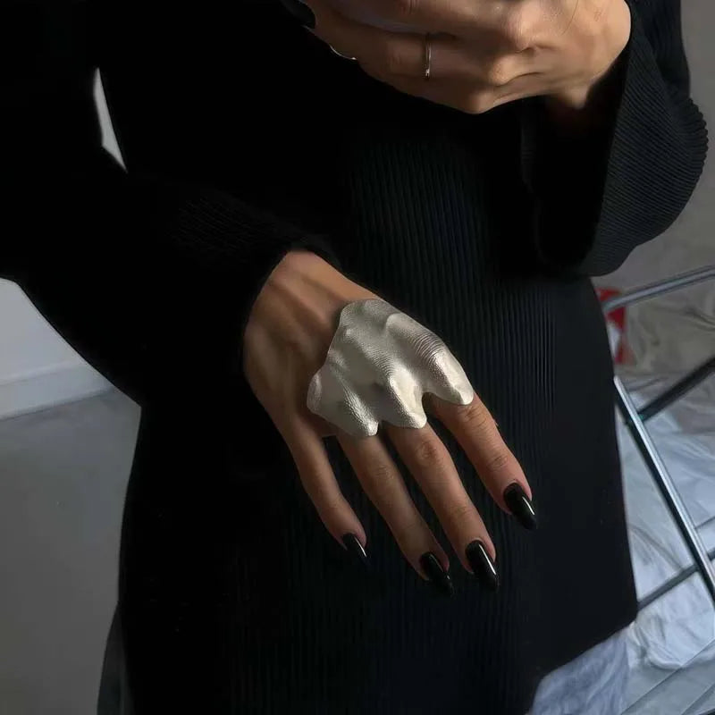 Exaggerated Metal Irregular Pleated Joint Ring for Women Men Exquisite Unique Geometric Texture Adjustable Ring Party Jewelry