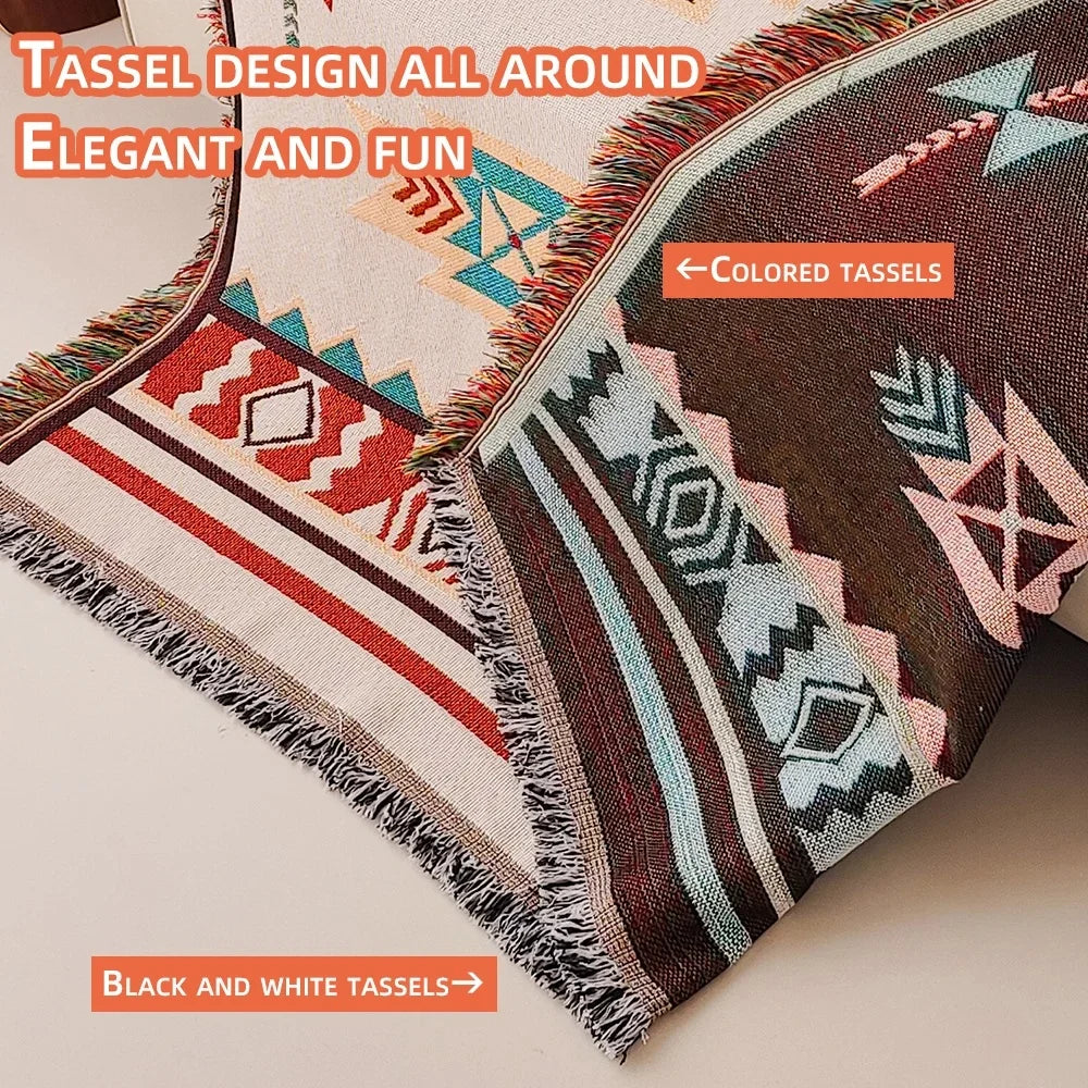 Aztec Blanket Oversized Boho Throw Blanket with Fringe Southwestern Geometric Tapestry Vintage Woven Throw Blankets Double-S
