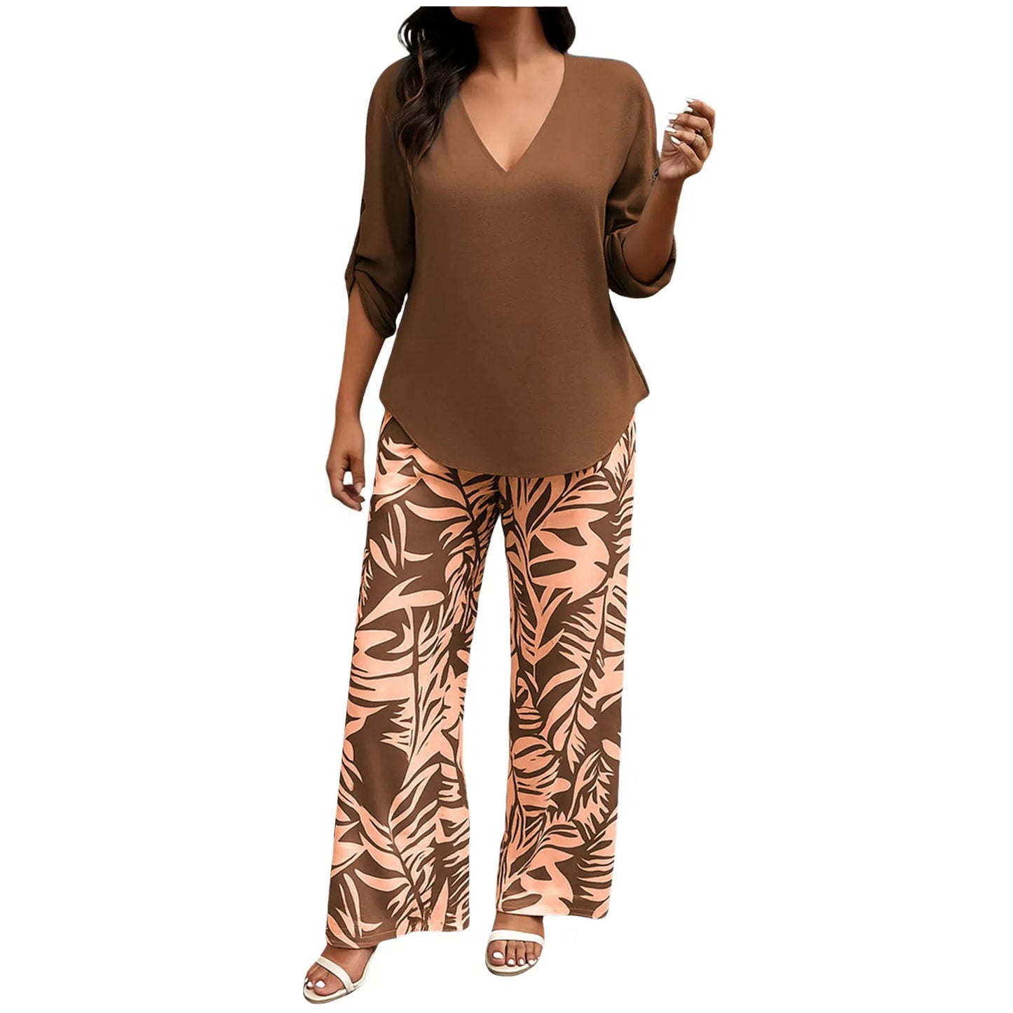 Women Solid V Neck Long Sleeve Digital Print Pants Two Piece Set Casual Stylish Matching Outfit for Daily Outdoor Lounge Wear