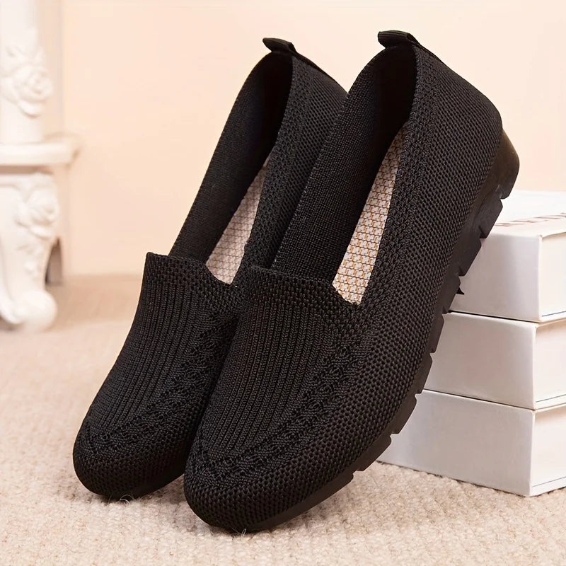 Women's Solid Color Knit Loafers Lightweight Anti Slip Flat Shoes for Casual Wear