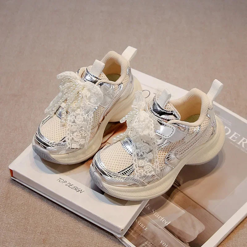 Girls Sports Shoes Princess Style Children Sneakers Thick Soft Sole 2025 New Fashion Kids Running Shoes Mesh Bows Sweet Cute
