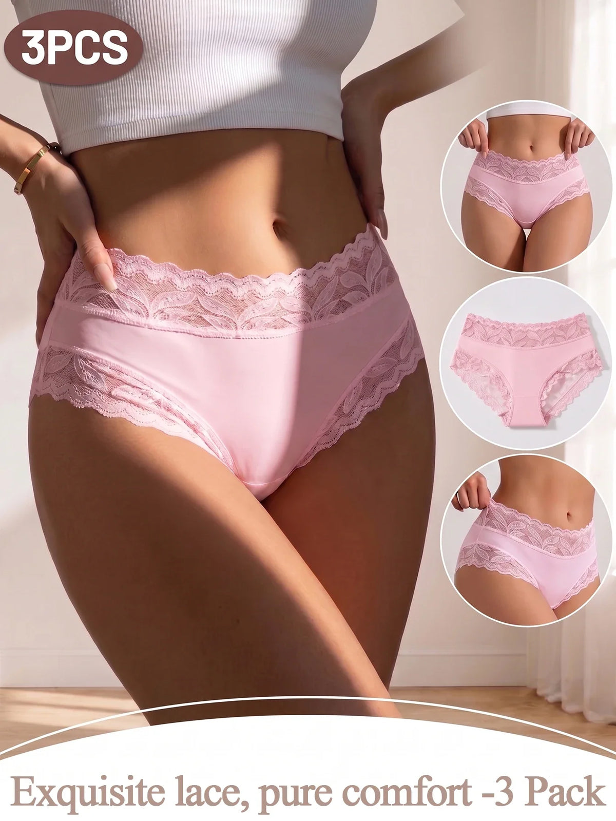 Premium 3-Piece Lace Panties Set – Breathable High-Waist Briefs for Women