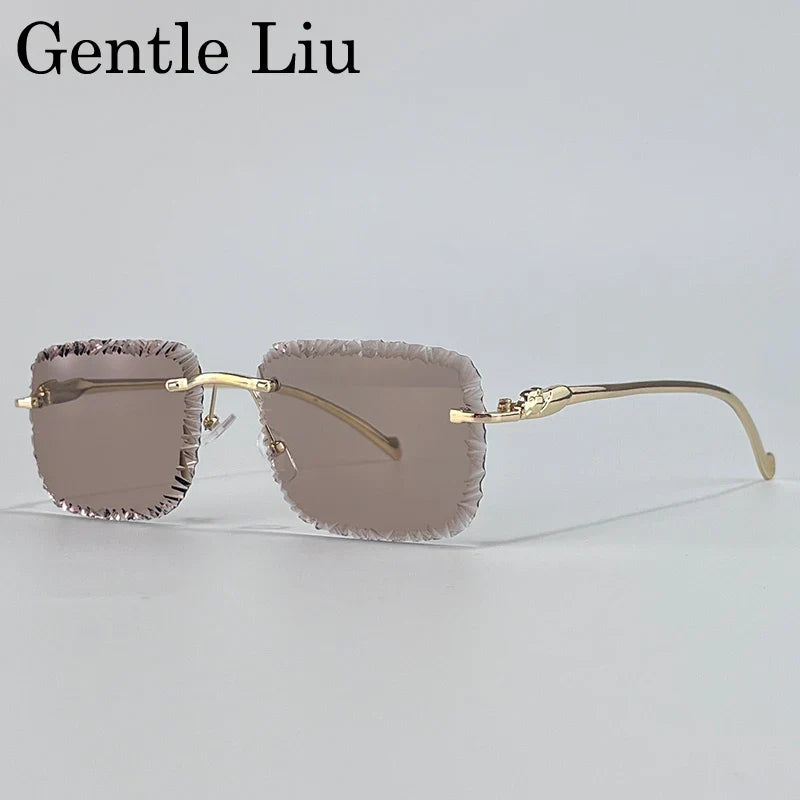 Fashion Square Rimless Punk Sunglasses Men 2025 Luxury Brand Cut Edge Frameless Sun Glasses For Male Leopard Head Eyewear Shades