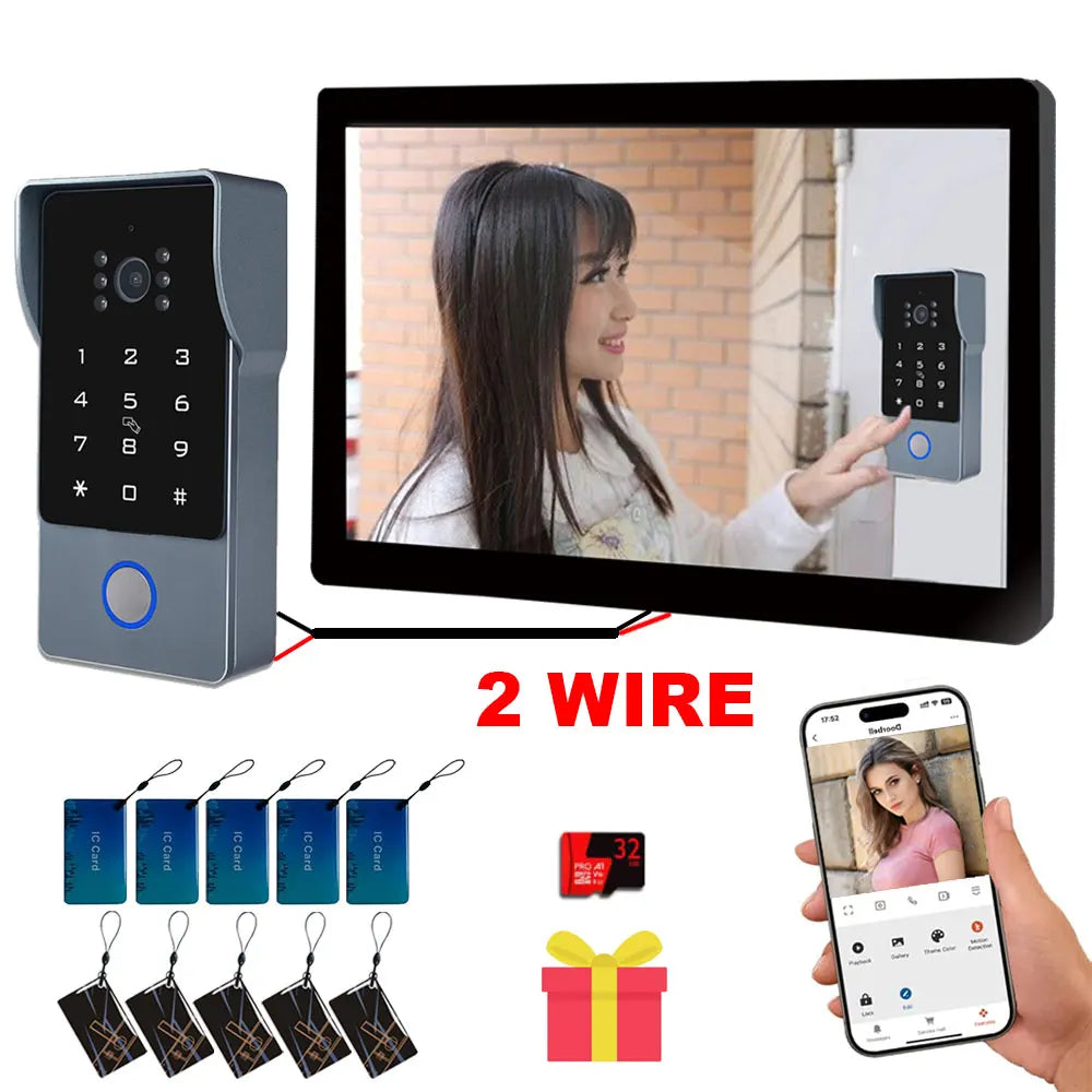 Tuya Wifi Smart Home Video Door Phone Video intercom 1080P 10inch Touch Monitor 2-Wires Doorbell Door Camera Security System