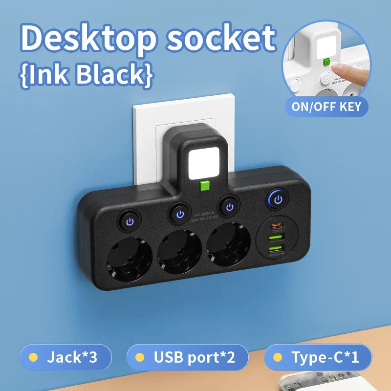 EU plug and socket 4 sockets, multi plug wall power plug and socket without extension cable or USB and Type-C port