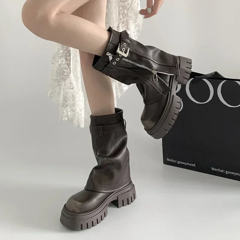 2025 Winter Women Biker Boots Fashion Belt Buckle Ladies Elegant Platform Long Pipe Booties Casual Women's Knee High Booties