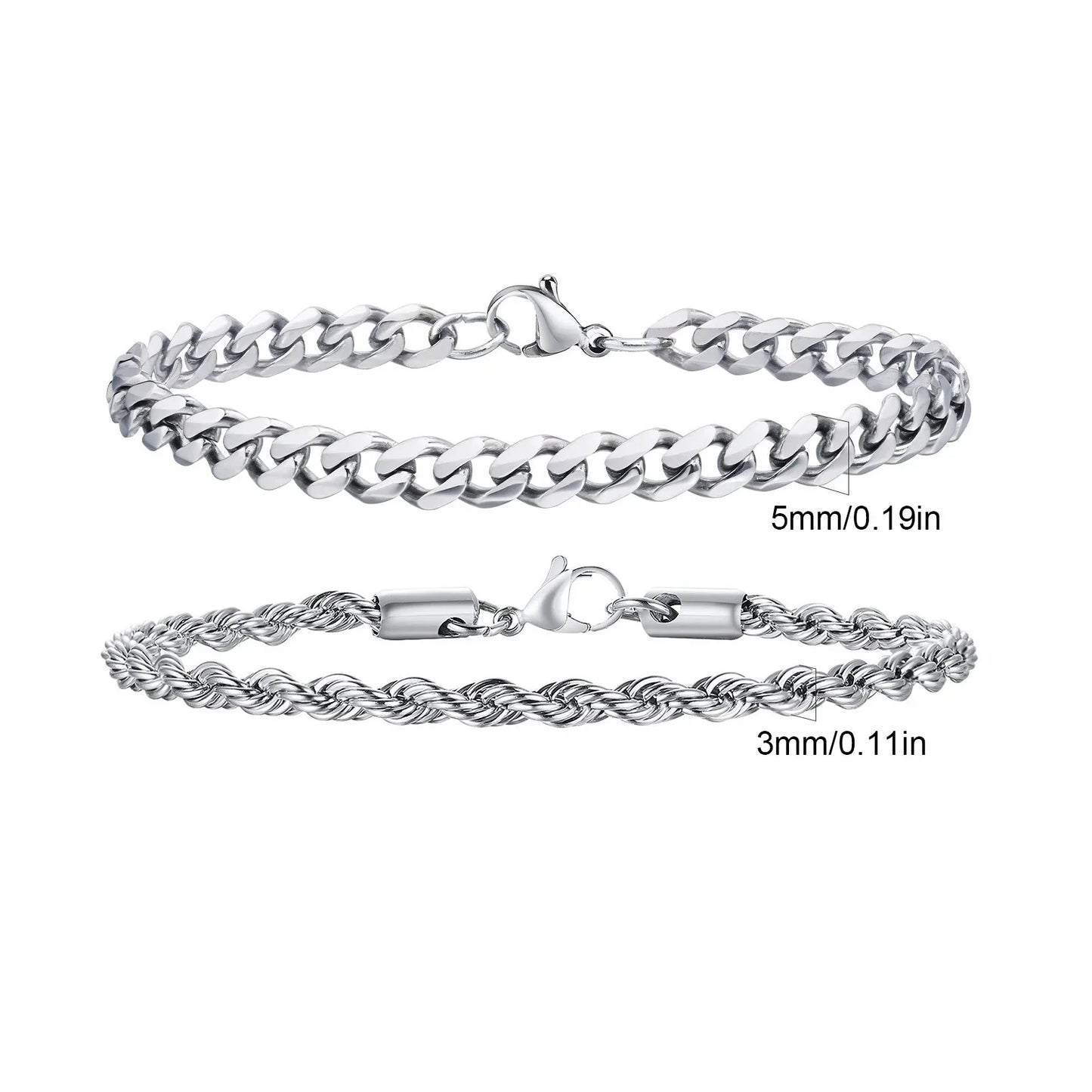 2pcs Men's Chain Bracelets, Stainless Steel Silver Gold Black Color