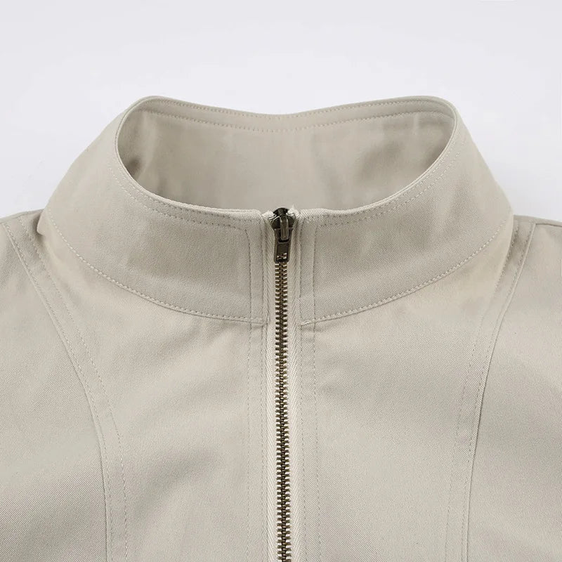 Vintage Cropped Jackets for Women Harajuku Casual Slim Fit Zipper Coat Y2K Streetwear Long Sleeve Outerwear Autumn