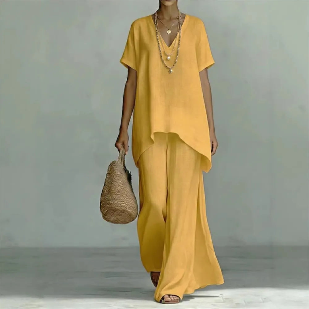 Fashion Loose Cotton Linen Short-sleeved Trousers 2 Piece Set Women Summer New Casual V-neck Retro Female Wide-leg Trousers Suit