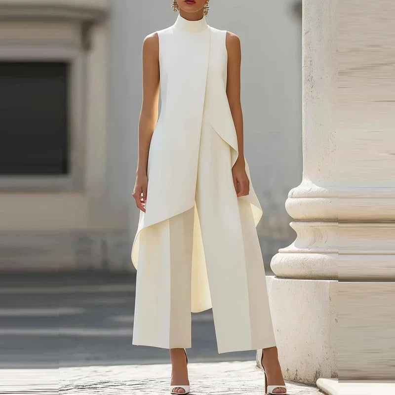 Simple Solid Color Irregular Summer Two Piece Female Stand Collar Sleeveless Top and Pants Office Suit High Street Casual Outfit