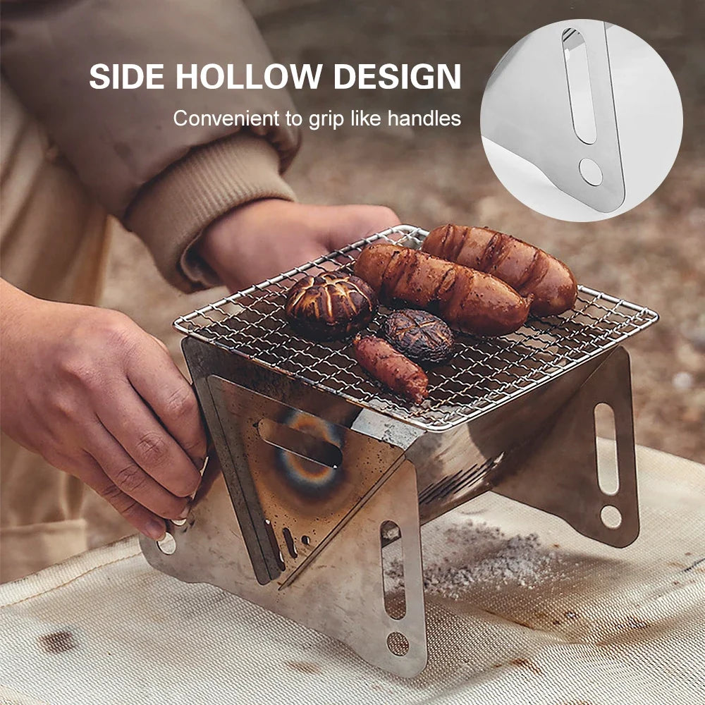 Camping Wood Burning Stove with Grill Plate Outdoor Portable Folding Stainless Steel Backpacking Cooking Stove