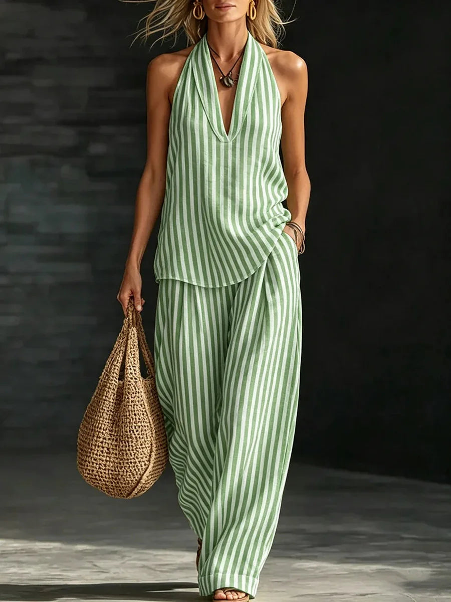 Women's Casual Two-piece Set Spring Summer Striped Wide-leg Pants Halter Top Cotton And Linen Two-piece Set For Women Clothing