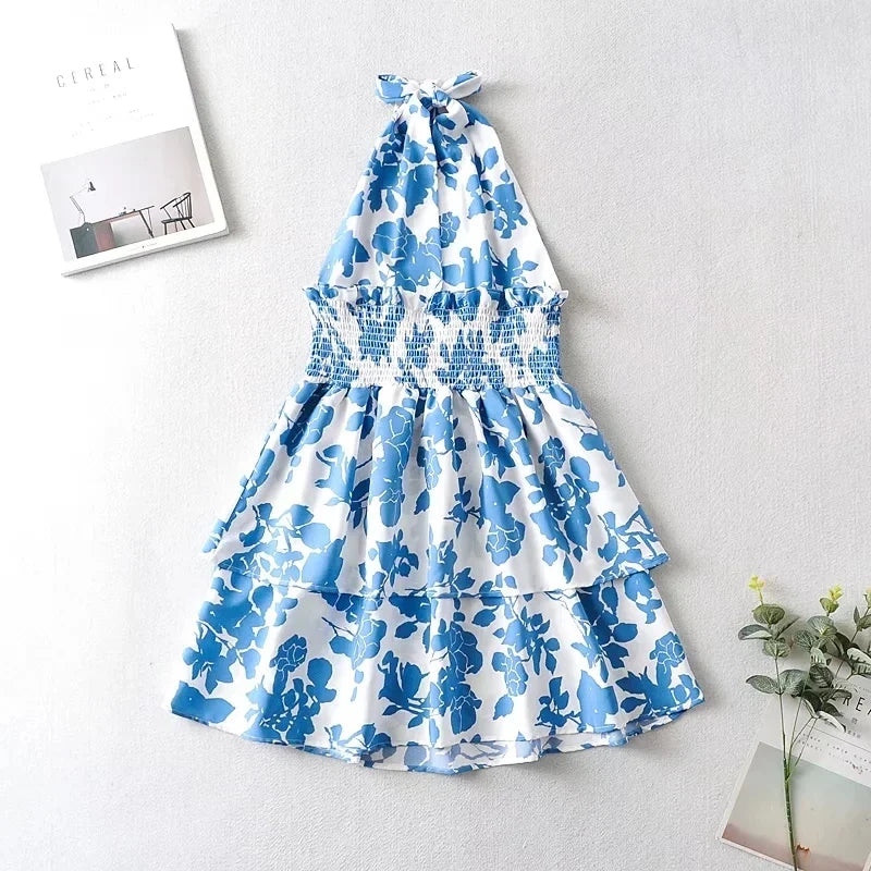 Sexy Red Floral Print Backless Summer Women Boho Mini Dress Bodycon Sleeveless Beach Lace Up Bowknot Dropshipping Dress Sundress