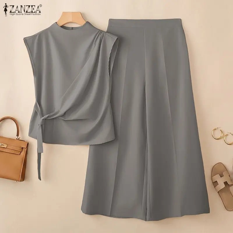 ZANZEA Summer Trousers Suit Short Sleeve Lace-Up Blouse Wide Leg Pant Sets Solid Color OL Work Outfit Fashion Women 2 Piece Sets