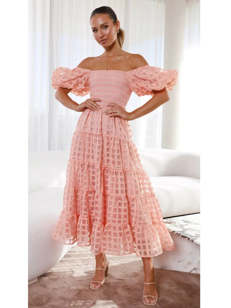Foridol Off Shoulder Summer Spring Midi Dresses Women Casual Puff Sleeve A-line Beach Vestidos Yellow Beach Party New in Dress
