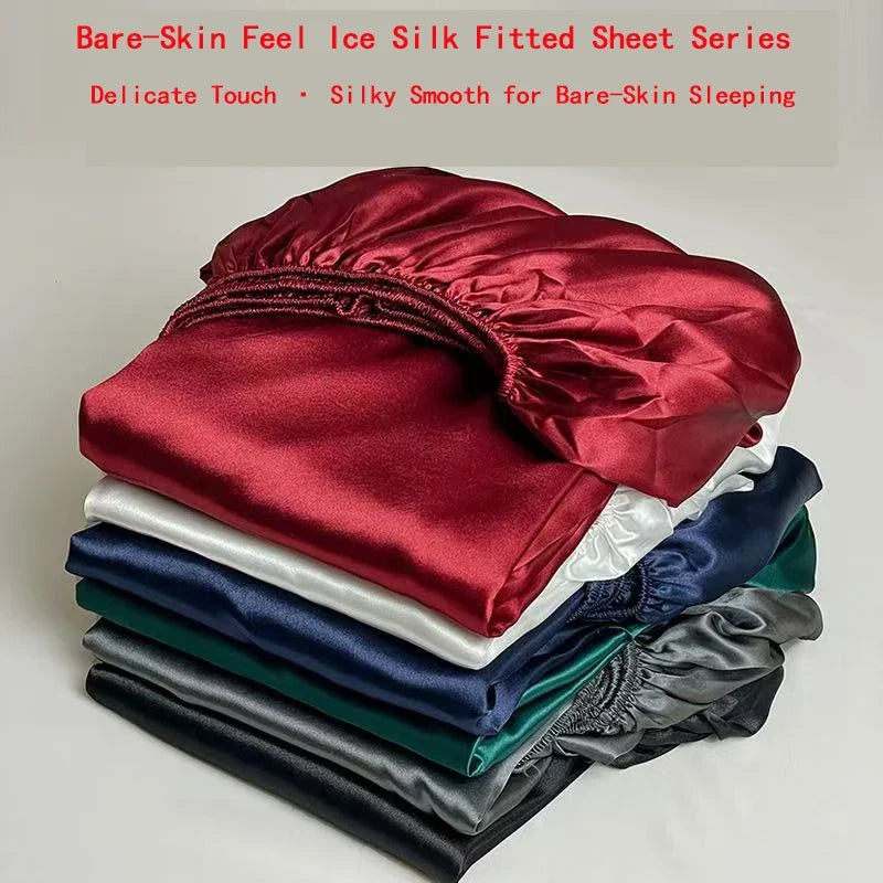Summer Ice Silk Satin Fitted Sheet Solid Deep Pocket Mattress Cover Ultra Soft Wrinkle Resistant Bed Cover No Pillowcase For Sin