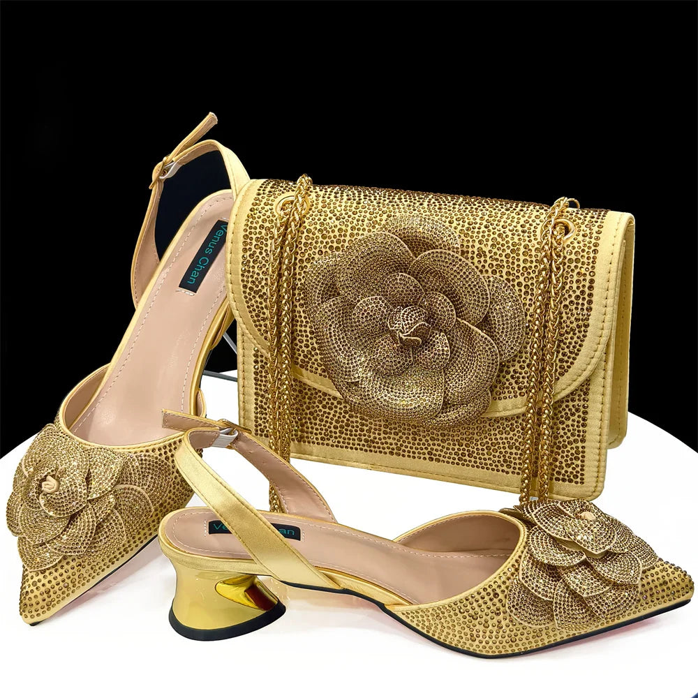 Conjuntos italianos de zapatos y bolsos con pedrería dorada HDF1-3