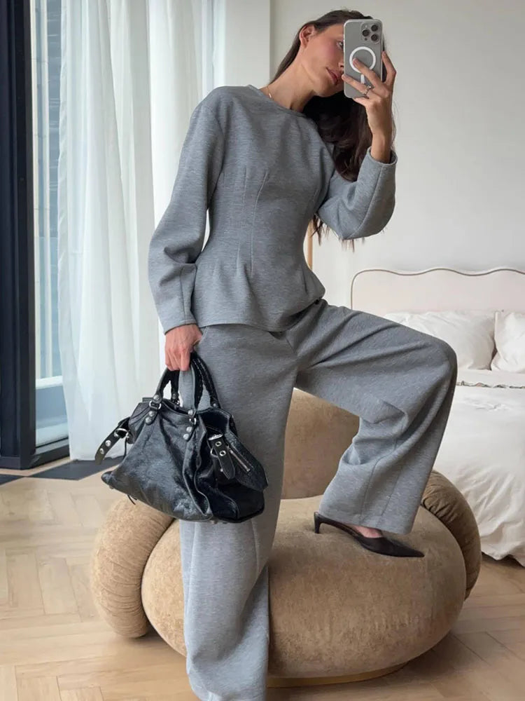 BJTZ 2026 Spring Autumn Women Solid Crew Neck Long Sleeve Top Wide Leg Pants 2 Piece Set Casual Tracksuit Outfits