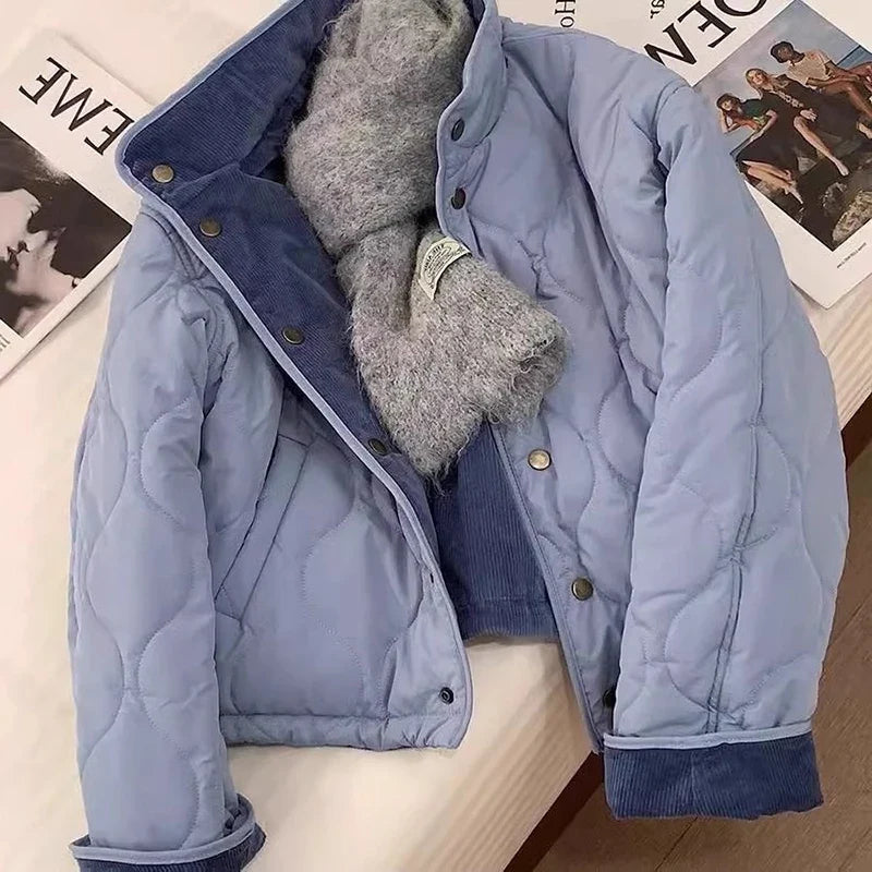 MEXZT Corduroy Parka Women Fashion Patchwork Puffer Jacket Winter Korean Down Coats Long Sleeve Casual Cotton Padded Outerwears
