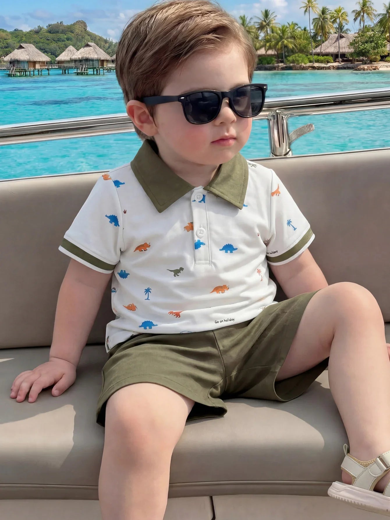 Baby Boy Polo 2‑Piece Set, Printed Lapel Short‑Sleeve Top With Solid Color Shorts, Casual Outfit For Summer Trip